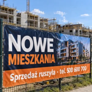 Baner reklamowy z PVC na ogrodzeniu placu budowy – oferta mieszkań (wizualizacja)
