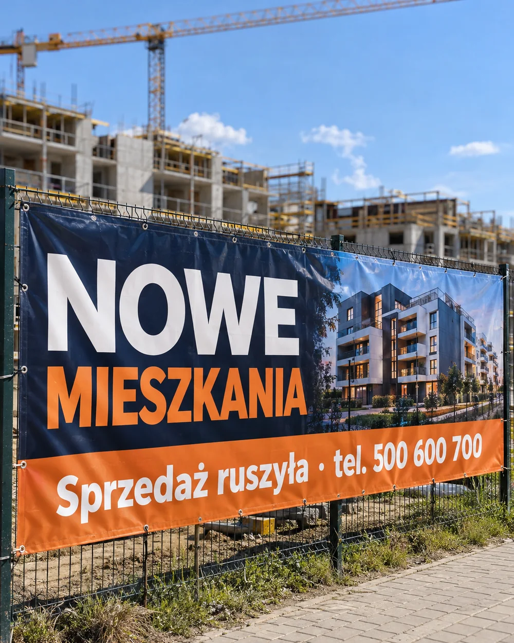 Baner reklamowy z własnym nadrukiem – dowolny wymiar do 7 × 5 m Baner reklamowy z PVC na ogrodzeniu placu budowy – oferta mieszkań (wizualizacja)