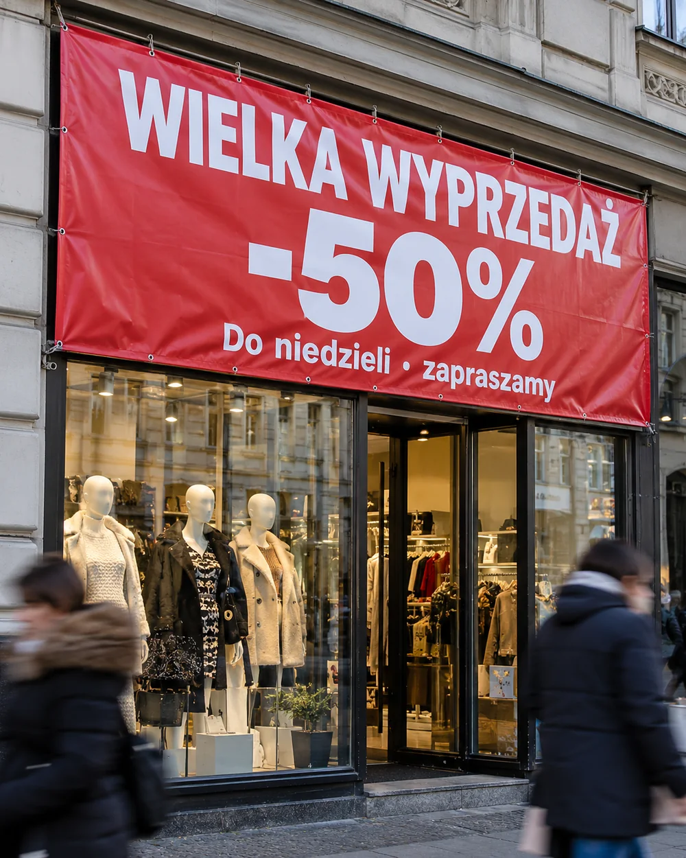 Baner reklamowy z własnym nadrukiem – dowolny wymiar do 7 × 5 m Baner reklamowy nad witryną sklepu – wyprzedaż (wizualizacja)