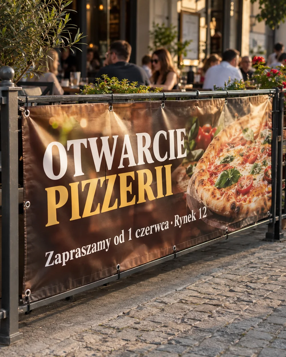 Baner reklamowy z własnym nadrukiem – dowolny wymiar do 7 × 5 m Baner reklamowy na balustradzie ogródka restauracji (wizualizacja)