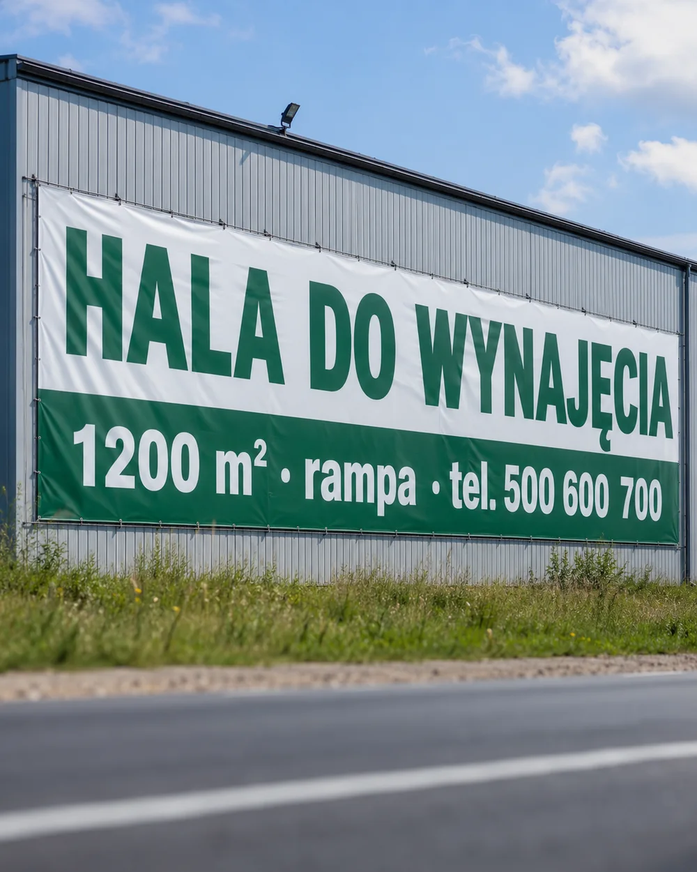 Baner reklamowy z własnym nadrukiem – dowolny wymiar do 7 × 5 m Duży baner reklamowy na elewacji hali magazynowej (wizualizacja)