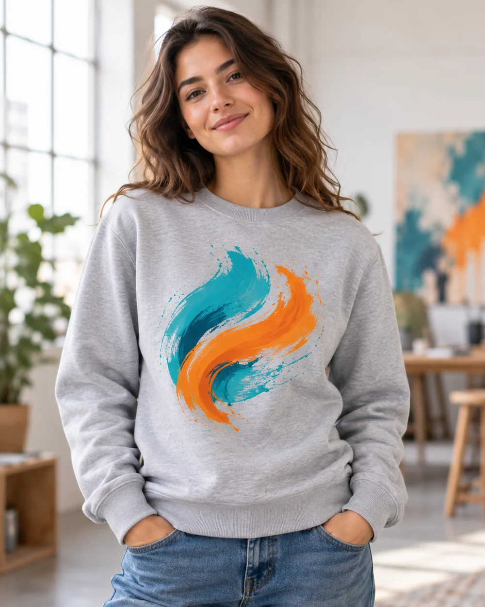 Bluza bez kaptura z własnym nadrukiem Kobieta w szarej bluzie bez kaptura z dużym nadrukiem A4 (wizualizacja)