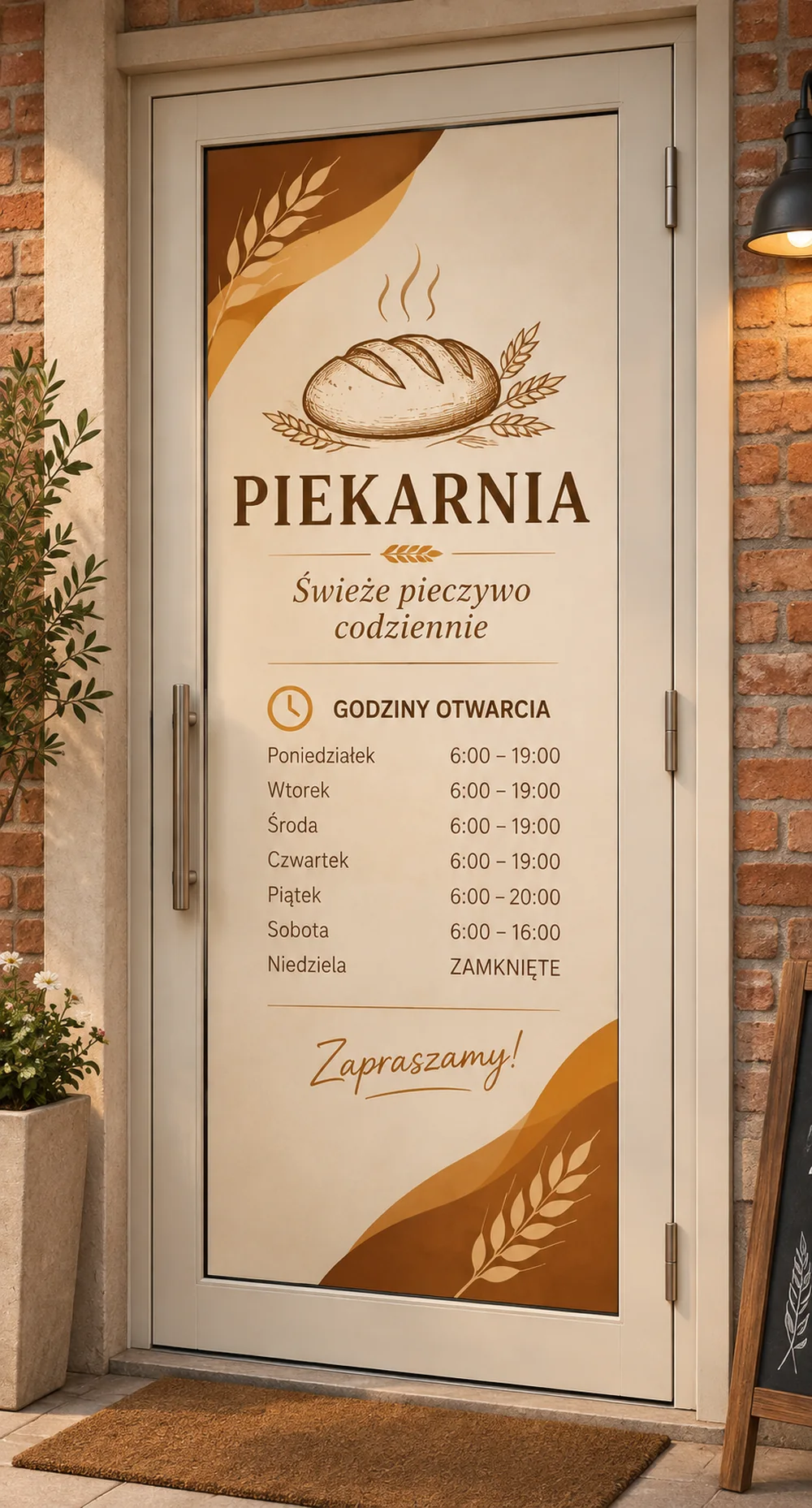 Matowa folia samoprzylepna z grafiką na szybie drzwi piekarni (wizualizacja)