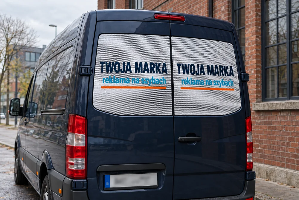 Folia OWV One Way Vision z własnym nadrukiem Folia OWV na tylnych szybach granatowego samochodu dostawczego – napis TWOJA MARKA (wizualizacja)