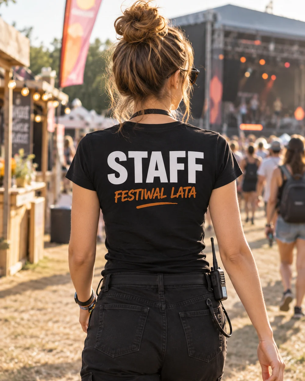 T-shirt damski z własnym nadrukiem Obsługa festiwalu, nadruk na plecach