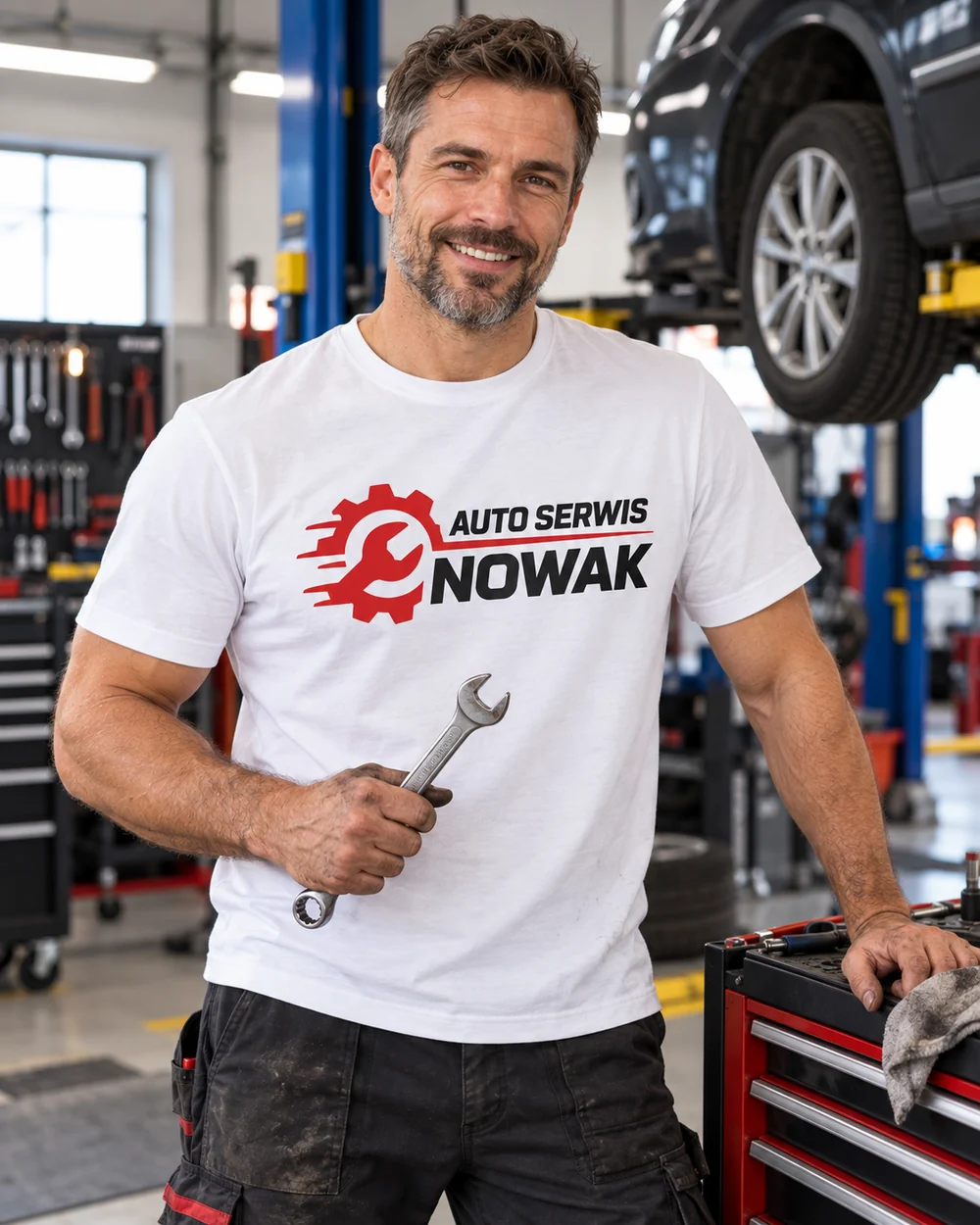 T-shirt męski z własnym nadrukiem Mechanik, logo warsztatu
