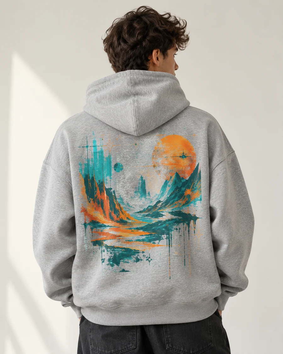 Bluza OVERSIZE z kapturem z własnym nadrukiem Bluza oversize z kapturem, szary melanż, duży nadruk A3 na plecach (wizualizacja)