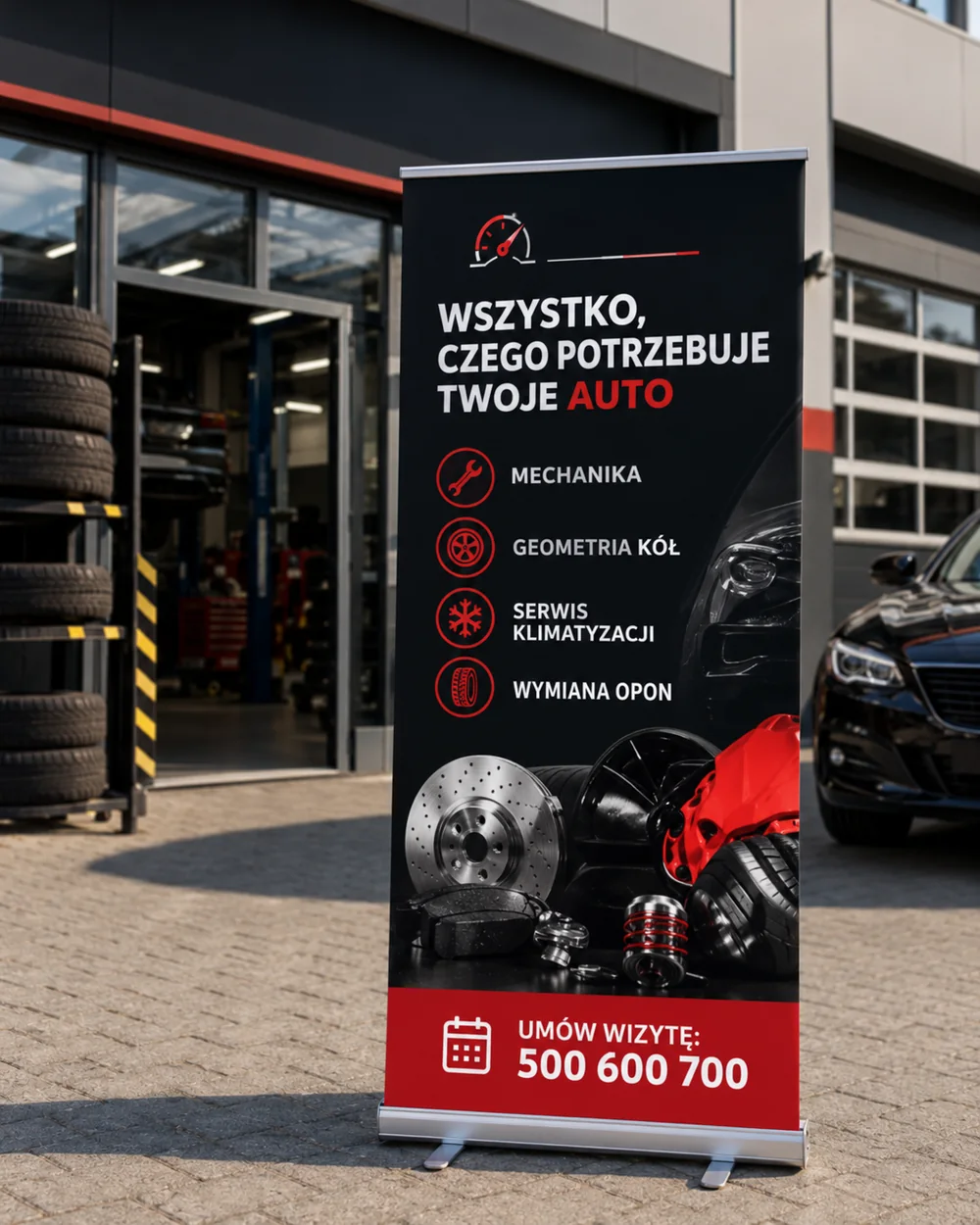 Roll-up warsztatu samochodowego z ofertą usług (wizualizacja)