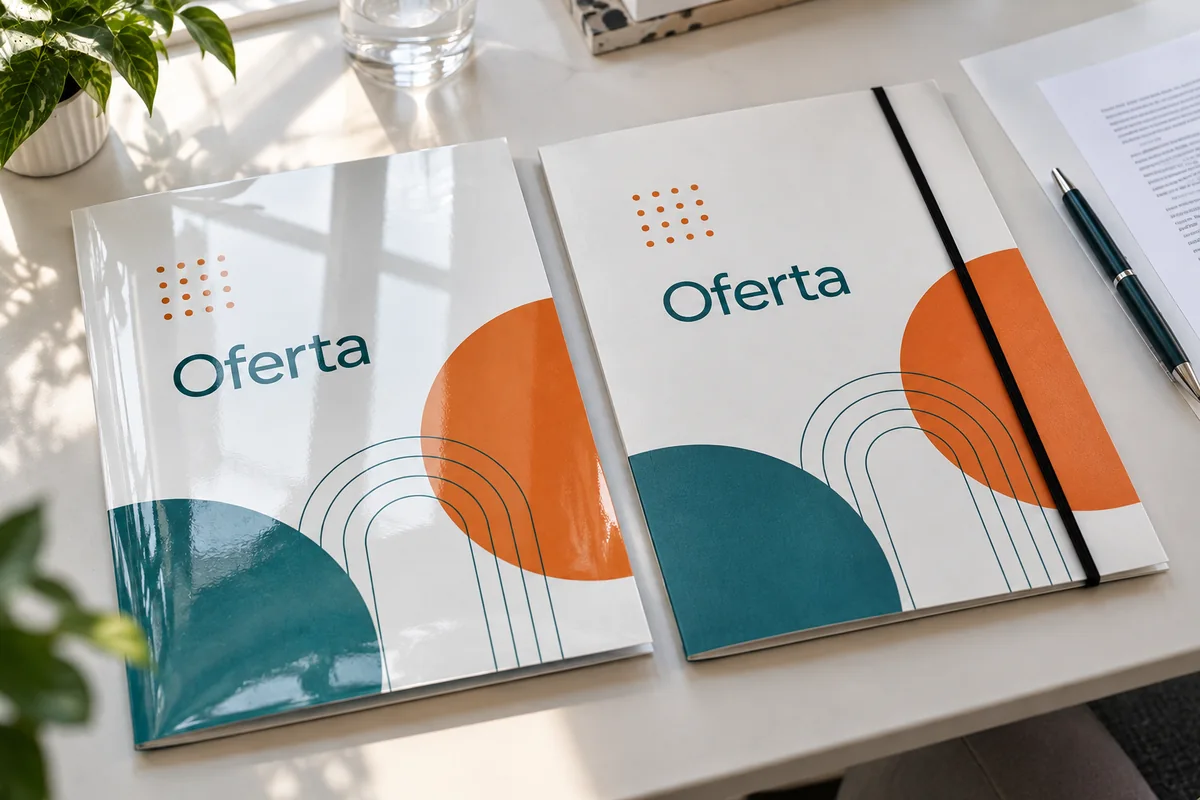 Dwie teczki ofertowe A4: foliowana błyszcząco i foliowana matowo